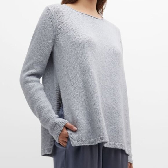 Eileen Fisher Blue Alpaca Cotton Side Slit Pullover Sweater - FLAWED - Picture 2 of 6